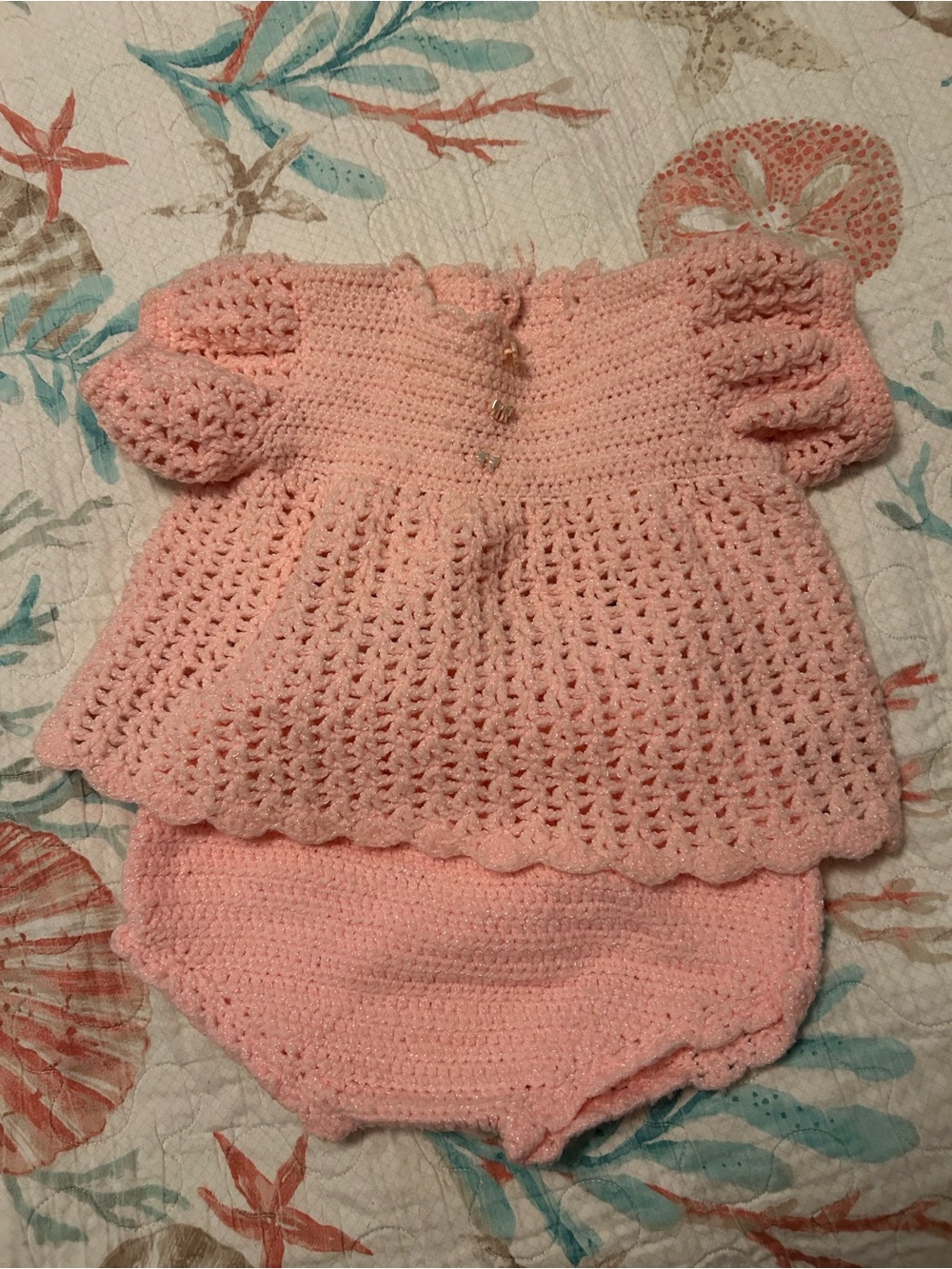 Handmade Pink Crochet Baby Dress and Bloomer Set